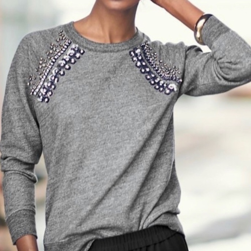 J Crew raglan gray sweatshirt with jewels and rhinestones size large